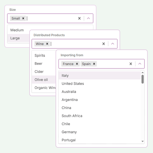 Importer and Distributor Search with Filtering by Size, Products and Country of Origin