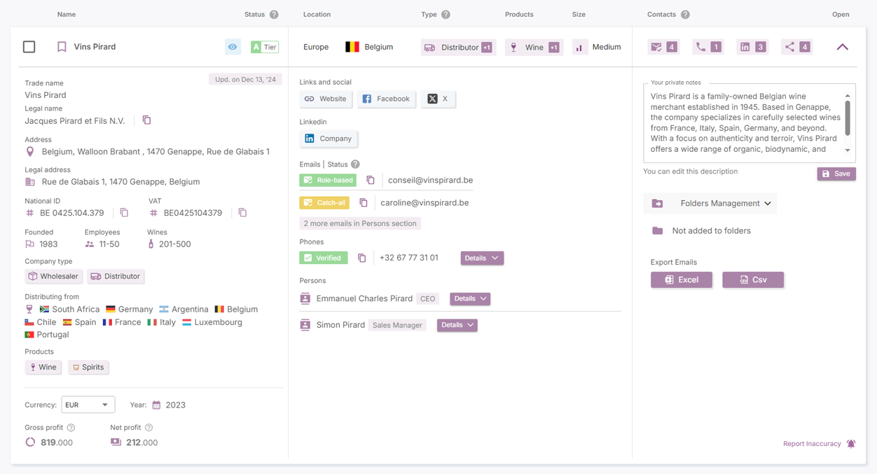 Vinaty database - description of wine distributors and download emails