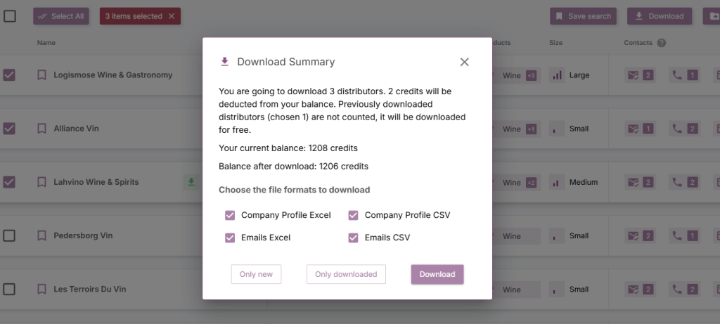 Confirm format and type of download of wine importers