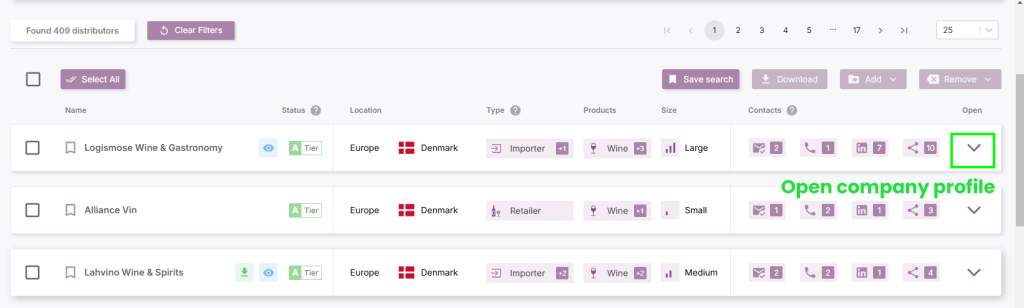 How to download separate wine company in the database Vinaty