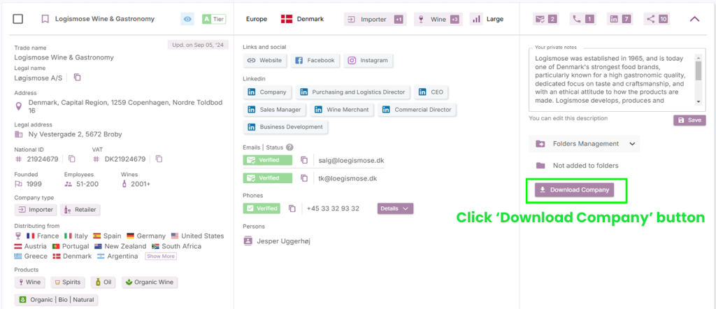 Download company profile of wine importer in Vinaty Database