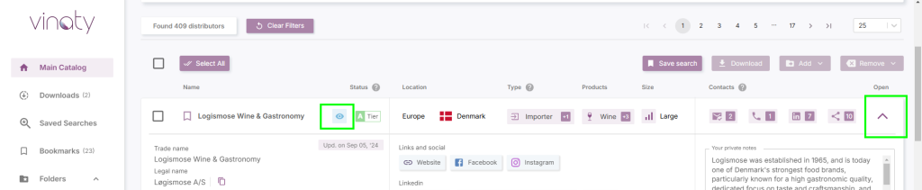 Opening a company profile in the Vinaty database and the allocation of a view